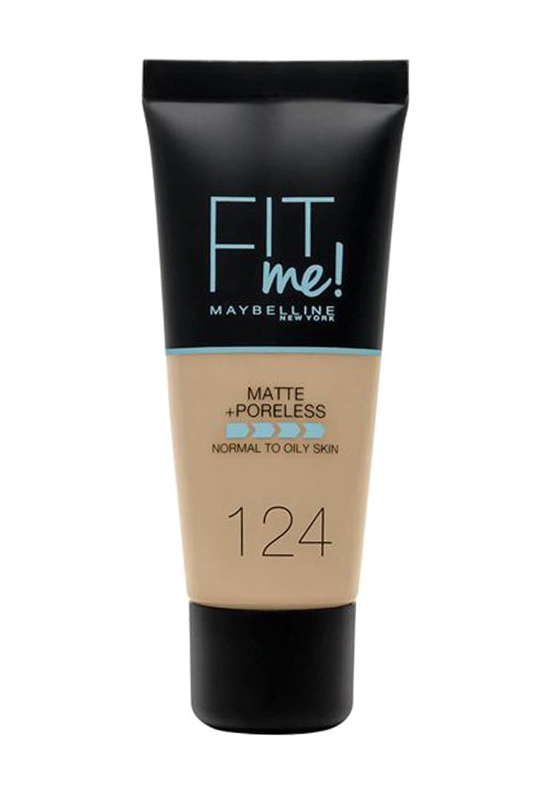 Tube de fond de teint Maybelline Fit Me !, noir avec étiquette bleue, teinte 124, finition mate pour peau normale à grasse, avec un bouchon à presser, texture lisse.