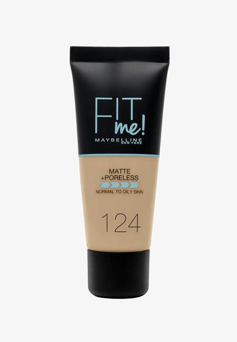 Maybelline Fit Me! foundation tube, black with blue label, 124 shade, matte finish for normal to oily skin, squeeze top, smooth texture.