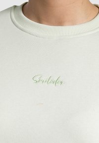 Sudadera verde claro con cuello acanalado y logo bordado "Smilodon". Textura de tejido suave con una pequeña mancha tenue visible.