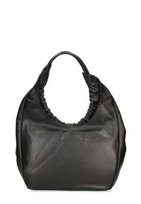 Borsa a mano in pelle nera con una forma morbida e arrotondata e dettagli arricciati sulla maniglia. Tessuto liscio e senza hardware visibile.