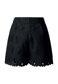 Melnas mežģīņu šorti ar ziedu rakstu, krokojumu malu un augstu jostasvietu.