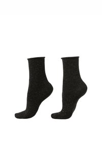 Black ankle socks made of a textured fabric, featuring a solid color with subtle speckles and a snug fit.