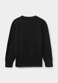 Černý pletený svetr s kulatým výstřihem, žebrovanými manžetami a lemem. Textura je hladká s jednoduchým designem. Zobrazený zadní pohled.