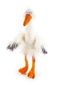 Plüschspielzeug-Storch mit einem weißen, flauschigen Körper, orangefarbenem Stoffschnabel und -beinen sowie schwarzen Federakzenten auf den Flügeln. Große runde Augen, strukturierte Oberfläche.