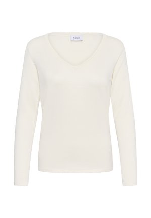 Hosszú ujjú V-nyakú felső puha fehér kötött anyagból. Csipkézett szegéllyel és egyszerű varrással. A nyakrésznél "Saint" feliratú címke található.