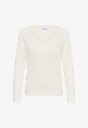 V-neck long-sleeve top in soft white knit fabric. Features a scalloped hem and simple stitching. Label reads "Saint" at the neckline.