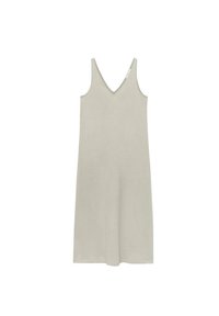 Robe sans manches à col en V, de couleur gris clair. Confectionnée en tissu lisse, elle présente une silhouette droite et tombe mi-mollet. Design simple et minimaliste.