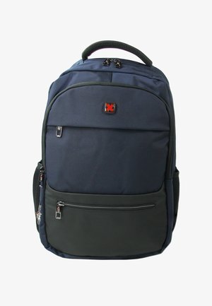 Navy blue and black backpack with multiple zippered compartments and a small red square logo on the front pocket.