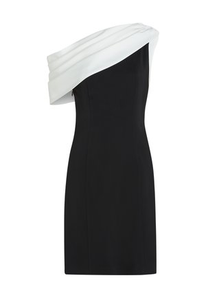 Abito a spalla unica con un corpo aderente nero e un colletto drappeggiato bianco. Realizzato in tessuto liscio, presenta una silhouette elegante e una zip laterale.