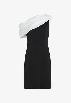 Robe à une épaule avec un corps noir ajusté et un col drapé blanc. Fabriquée dans un tissu lisse, elle présente une silhouette épurée et une fermeture éclair sur le côté.