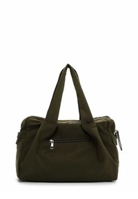 Olijfgroene stoffen tas met twee handvatten aan de bovenkant, ritssluiting en een voorkantvak. Beschikt over een gladde textuur en subtiele stikseldetails.