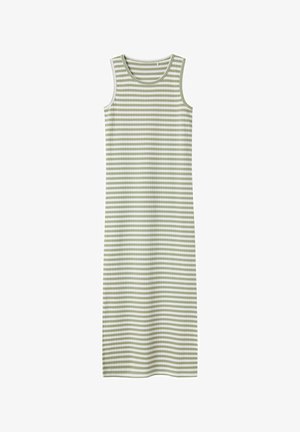 Juostuota be rankovių suknelė šviesiai žalia ir balta, pagaminta iš minkštos medžiagos, turinti apvalią iškirptę ir ilgą, tiesią siluetą.