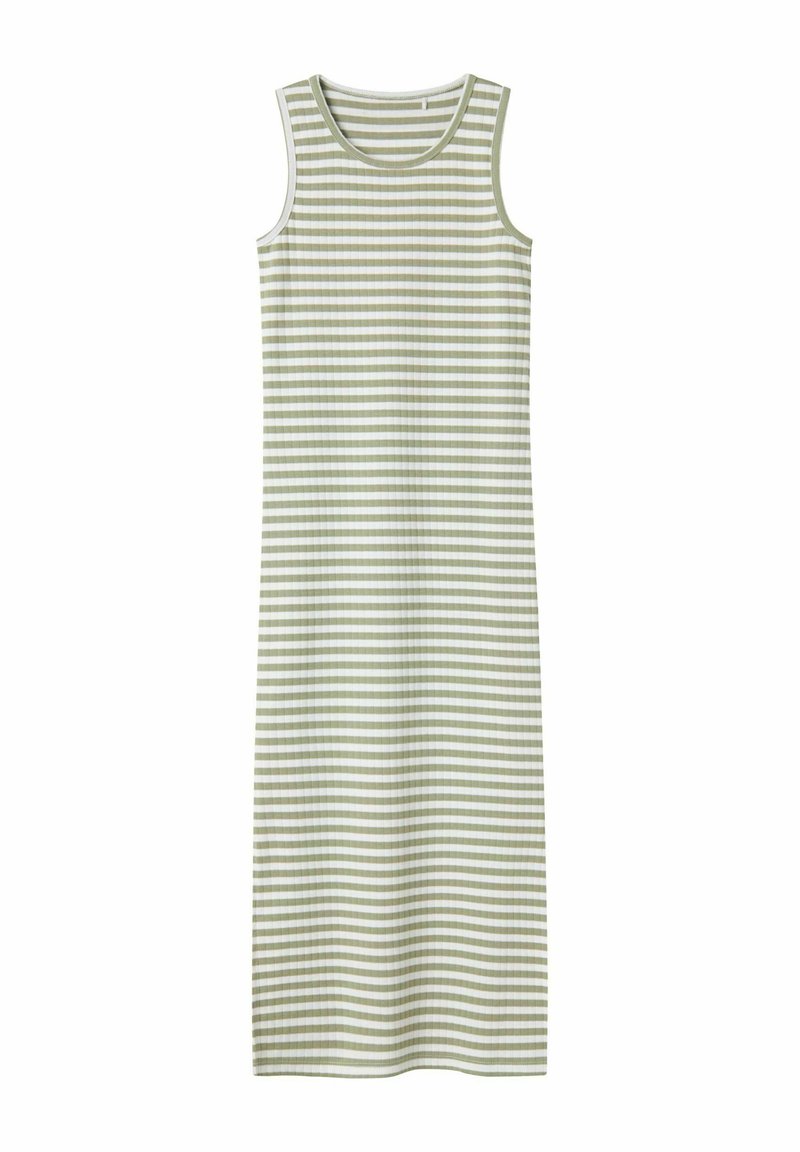 Robe sans manches à rayures vert clair et blanche, en tissu doux, avec un col rond et une silhouette longue et droite.