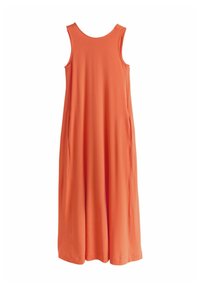 Robe longue orange sans manches, coupe ample, avec un col rond et des poches latérales, présentée sur fond blanc.