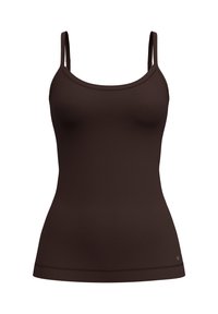 Bruine camisole met dunne banden, een ronde halslijn en een zachte textuur, ontworpen voor een aansluitende silhouet met een subtiele zoomafwerking.