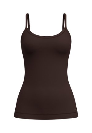 Brown camisole featuring thin straps, a scoop neckline, and a smooth texture, designed for a fitted silhouette with a subtle hem detail.
