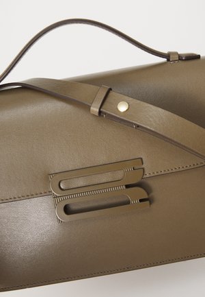 Olive green leather bag with a smooth texture, featuring a unique dual clip detail and a sturdy shoulder strap. Gold-toned hardware accent.