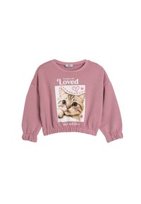 Sudadera corta de color rosa con un gráfico de un gato, puños acanalados y el texto "Es hora de ser amado" impreso abajo con acentos de corazones.