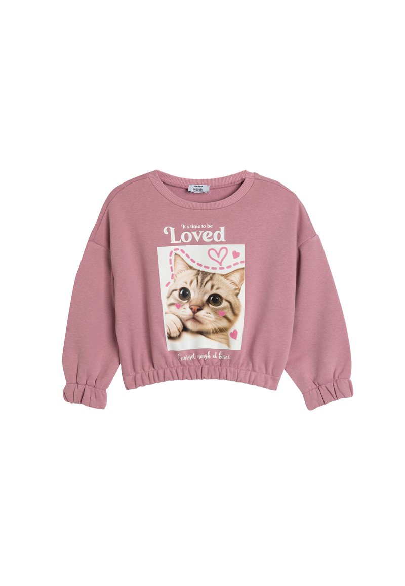 Sudadera corta de color rosa con un gráfico de un gato, puños acanalados y el texto "Es hora de ser amado" impreso abajo con acentos de corazones.
