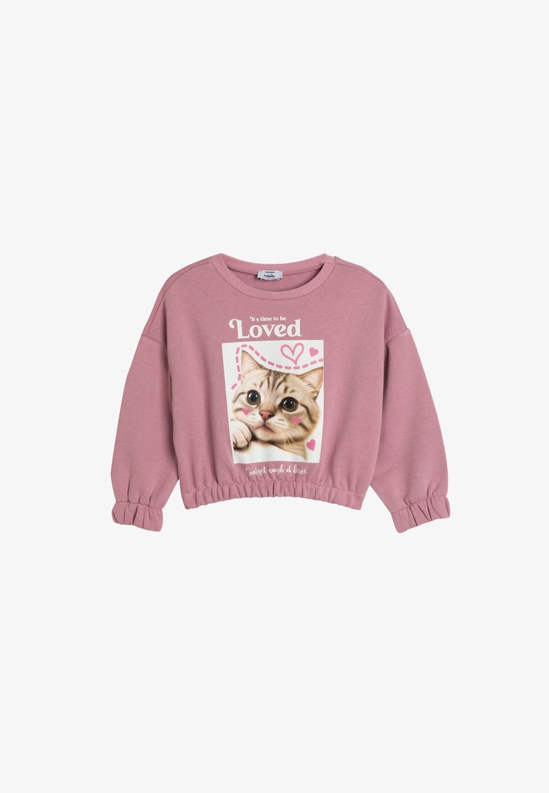 Felpa corta rosa con grafica di un gatto, polsini a costine e la scritta "È tempo di essere amati" con cuori stampati sotto.