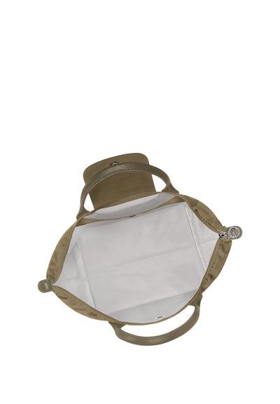 Tan fabric bag with a zipper closure, dual textile handles, and a spacious white interior. Soft texture with subtle sheen, round shape.