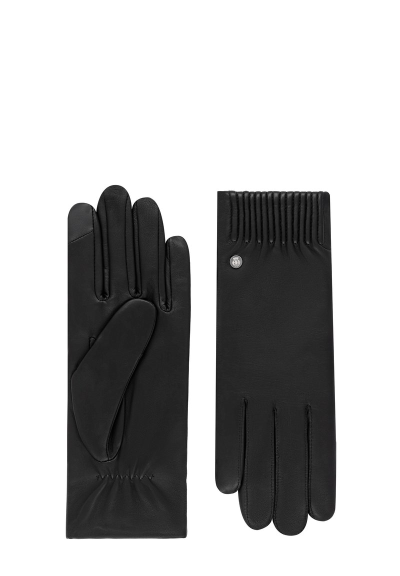Un paio di guanti in pelle nera, uno che mostra il lato del palmo con cuciture, l'altro che mostra la parte posteriore con pieghe verticali e dettaglio del bottone in metallo.