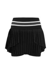 Gonna plissettata nera con una larga vita elastica, caratterizzata da strisce grigie e bianche, design a strati e con pantaloni neri attaccati sotto.