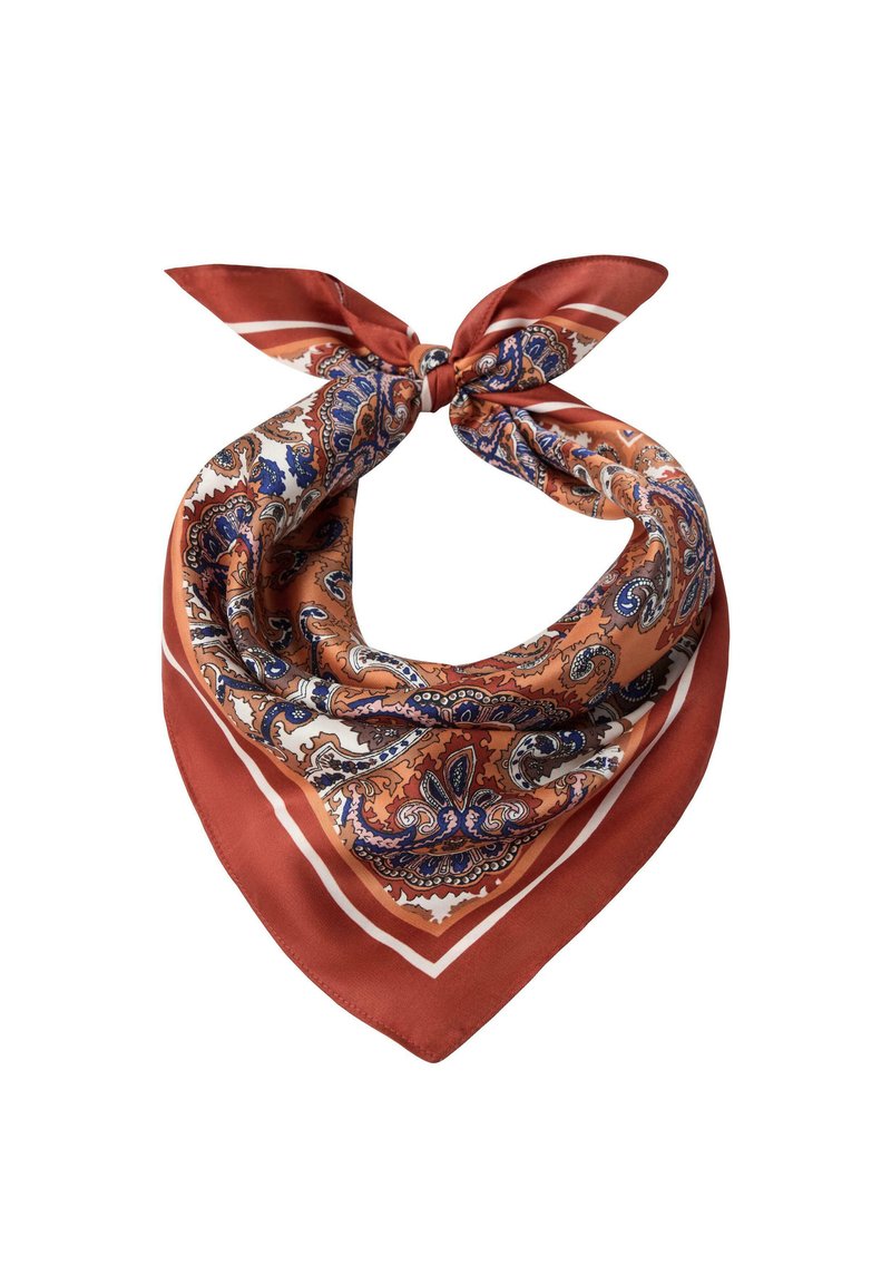Siden scarf med paisleymönster i blå och orange nyanser, med en solid rostfärgad kant och en knut i toppen.