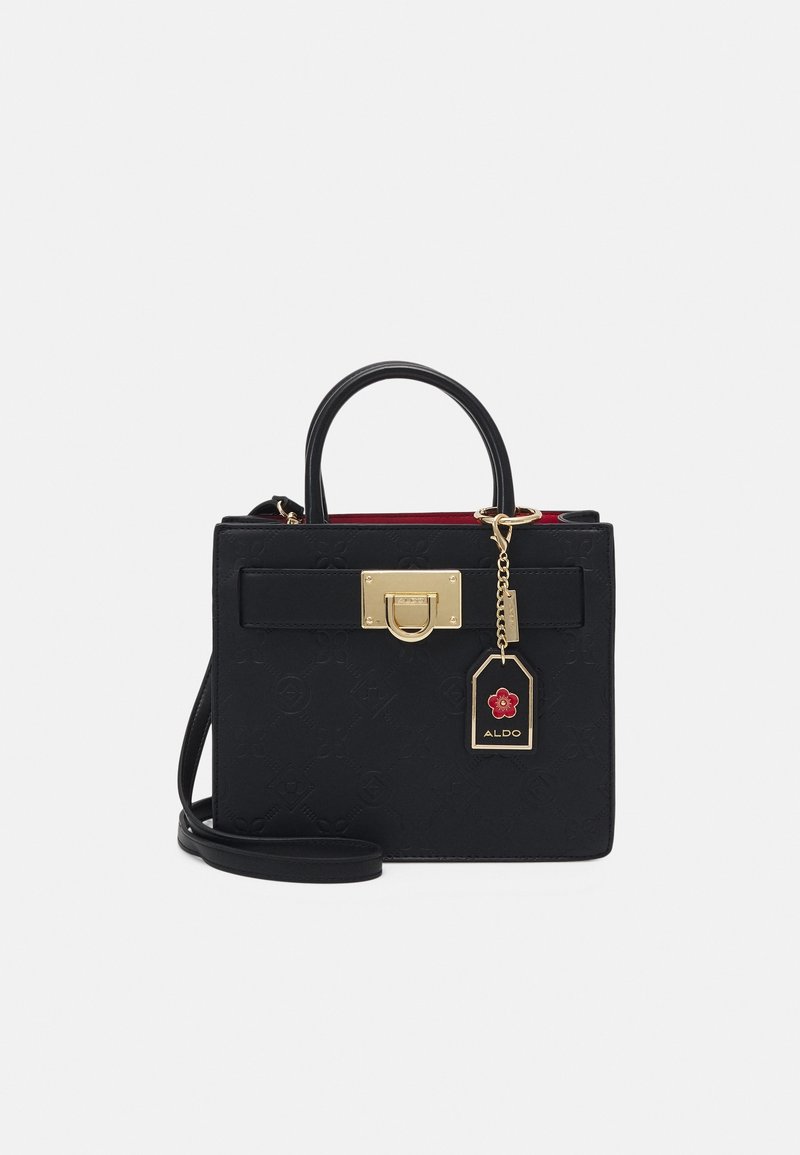 Sac à main carré noir avec poignées supérieures, fermoir doré, intérieur rouge et une étiquette dorée avec une fleur rouge et le logo Aldo.
