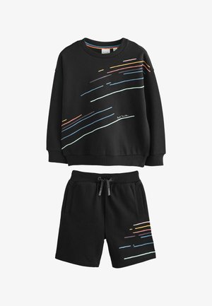 Black sweatshirt and shorts set with multicolored diagonal stripes and Paul Smith logo on sweatshirt front and shorts leg.