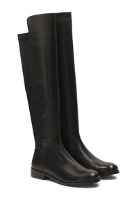 Black leather knee-high boots with a smooth finish, rounded toes, flat soles, and no visible hardware or embellishments.