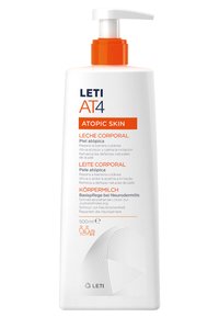 White, rectangular bottle with a pump top. Features orange accents and blue text. Label indicates it's a moisturizing lotion for atopic skin, 500 ml.