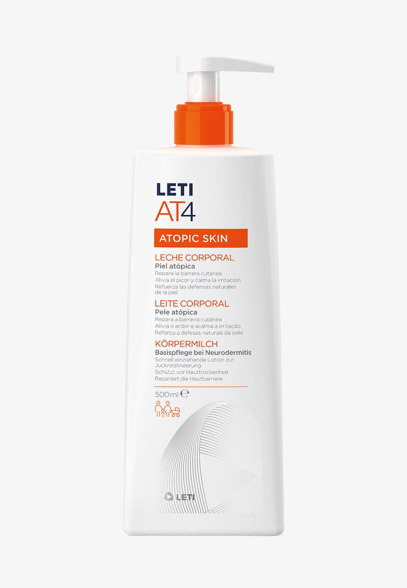 White, rectangular bottle with a pump top. Features orange accents and blue text. Label indicates it's a moisturizing lotion for atopic skin, 500 ml.