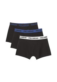 Tre sorte herre boxershorts med elastisk talje i sort, blå og hvid, hver med "PULL&BEAR" tekst.
