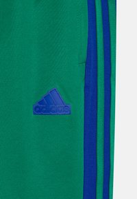Zaļie sporta bikses ar zilām sānu svītrām un reljefu zilā Adidas logo uz kreisā kājas. Audums ir teksturēts un mīksts.