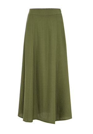 Jupe midi trapèze vert olive avec tissu subtilement texturé et une taille cintrée.