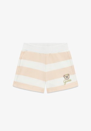 Shorts pour tout-petit avec des rayures diagonales beige et blanches, une taille blanche, et un petit ours en peluche brodé avec "Guess" sur la jambe inférieure droite.