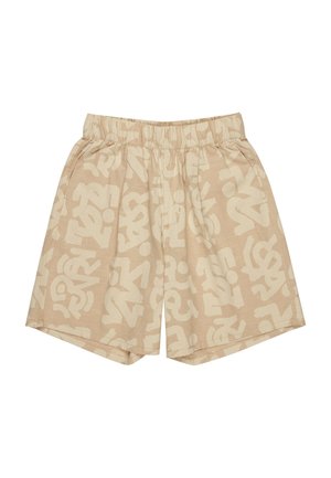 Beige shorts med elastisk talje, som har et gentaget lysekræmmer abstrakt mønster. Materialet virker blødt med en afslappet pasform.