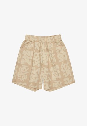 Beige shorts med elastisk talje, som har et gentaget lysekræmmer abstrakt mønster. Materialet virker blødt med en afslappet pasform.