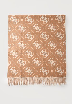 Écharpe tissée marron clair avec motif monogramme blanc entrelacé et bords effilochés sur fond uni.