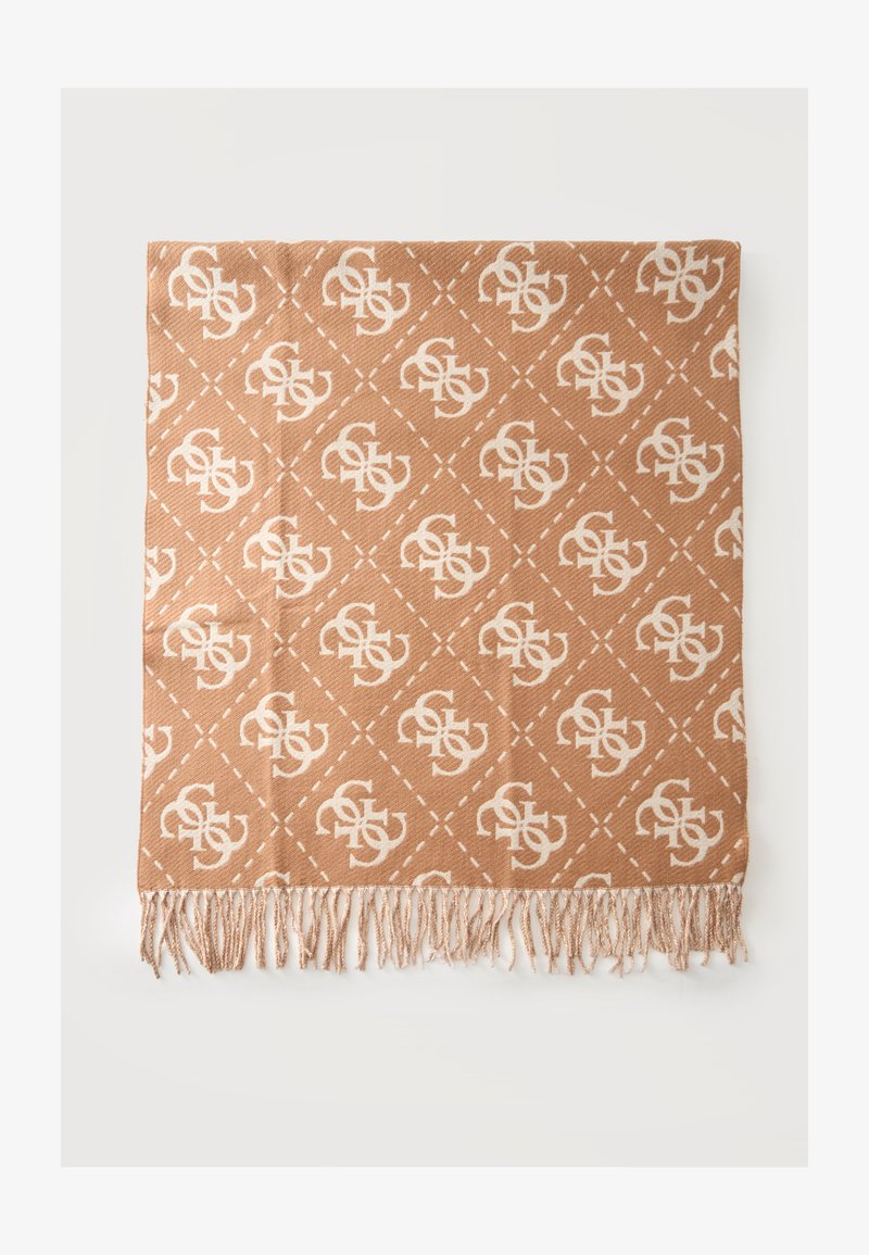 Светлокафяв плетен шал с бял взаимносвързан монограм и ресни на ръбовете на равномерен фон.