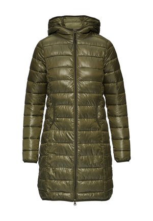 Olijfgroene pufferjas met een capuchon, ritssluiting aan de voorkant en zijzakken. Heeft een horizontaal gestikt ontwerp en een gladde, glanzende textuur.