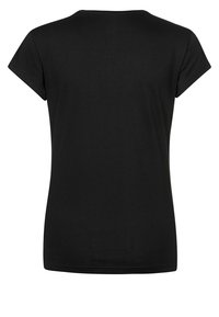 Černé tričko s krátkými rukávy z bavlny, s jednoduchým kulatým výstřihem a hladkým materiálem, s rovnou spodní okrajovou linií.