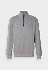 Pull gris à manches longues avec col montant et fermeture éclair noire sur la moitié, poignets et taille côtelés, présenté sur fond blanc.