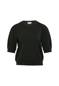 Sweatshirt noir avec des manches bouffantes courtes, un col rond et une coupe décontractée. Fabriqué en tissu doux avec une texture lisse et un minimum de détails.