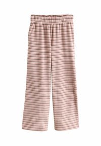 Pantaloni roz cu picioare largi, cu dungi orizontale albe și maro și talie elastică.