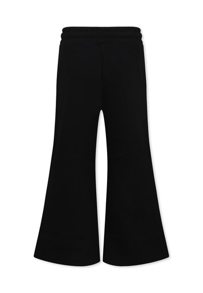 Zwarte flared broek met een elastische tailleband. Gemaakt van zacht materiaal, met een gladde textuur en een brede pijp ontwerp.