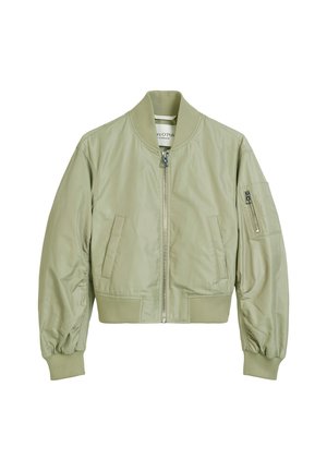 Korte bomberjack in licht olijfgroen, voorzien van een ritssluiting aan de voorkant, ribgebreide manchetten, zijzakken en een ritssluiting op de mouw. Glad textuur.