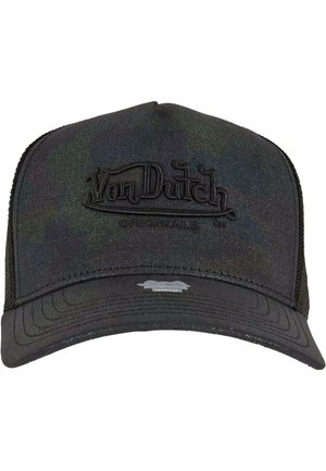 Black camouflage cap made of fabric with a mesh back. Features raised black logo stitching on the front and a flat, curved brim.