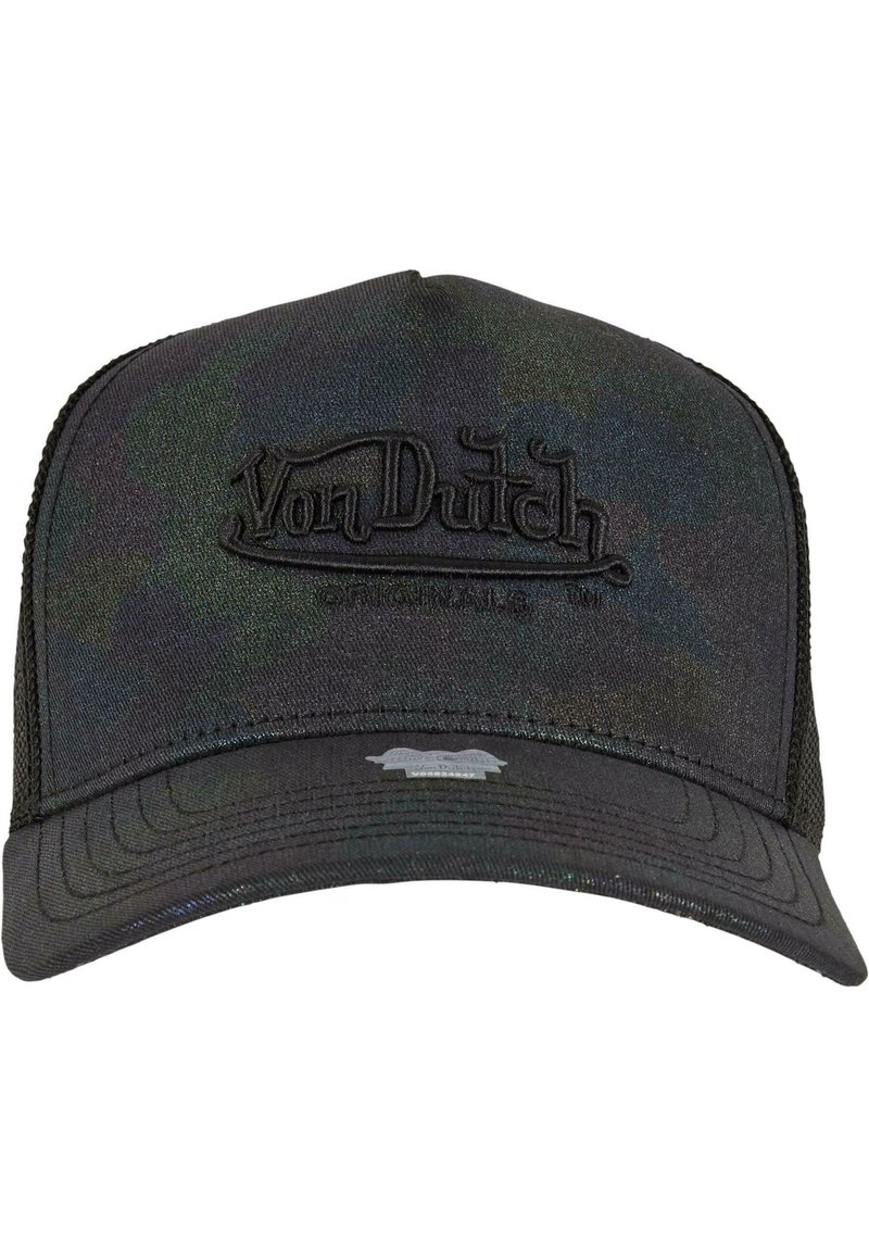 Black camouflage cap made of fabric with a mesh back. Features raised black logo stitching on the front and a flat, curved brim.